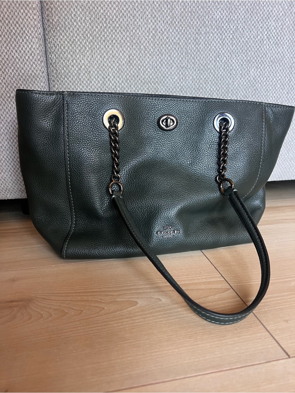 Coach Dark Green Pebbled Leather Chain-Handle Tote